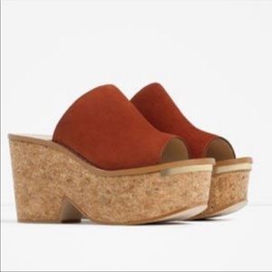 ZARA Burnt Orange Suede Platform Cork Sandals